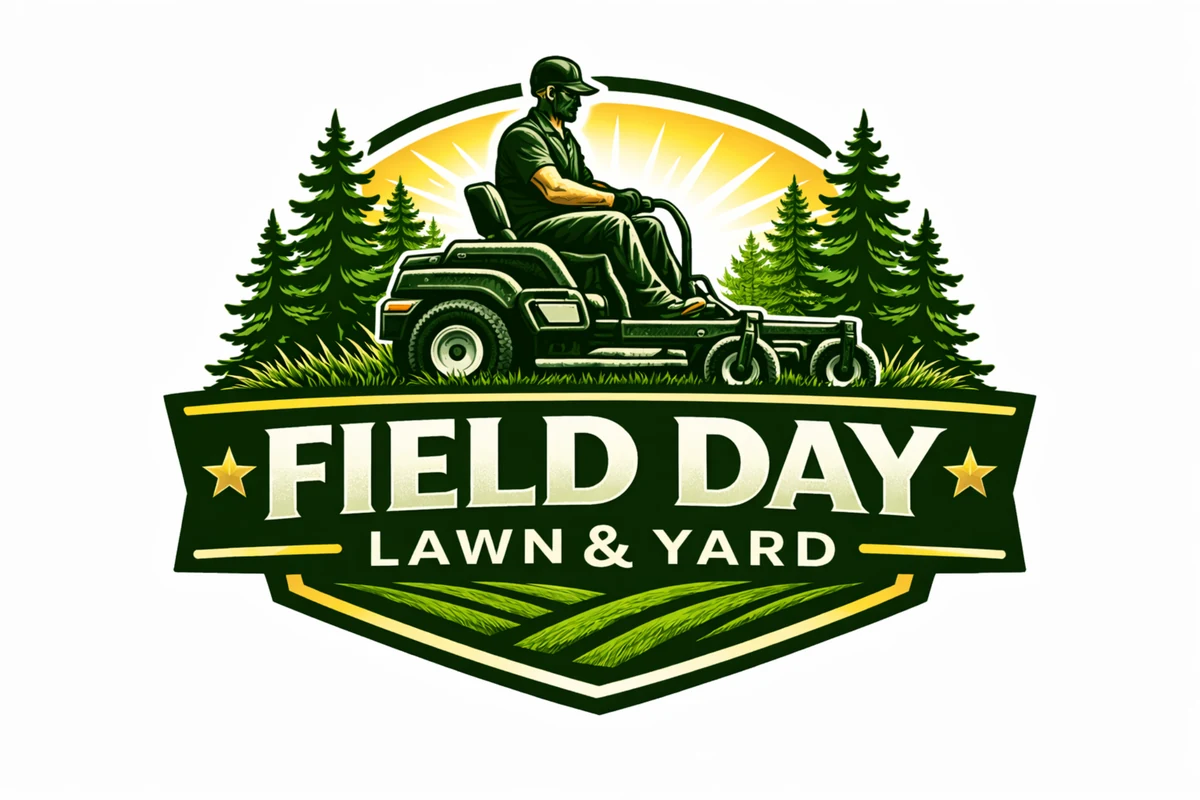 Field Day Lawn & Yard’s original badge: a lawn mower, evergreen trees, and a golden sunrise